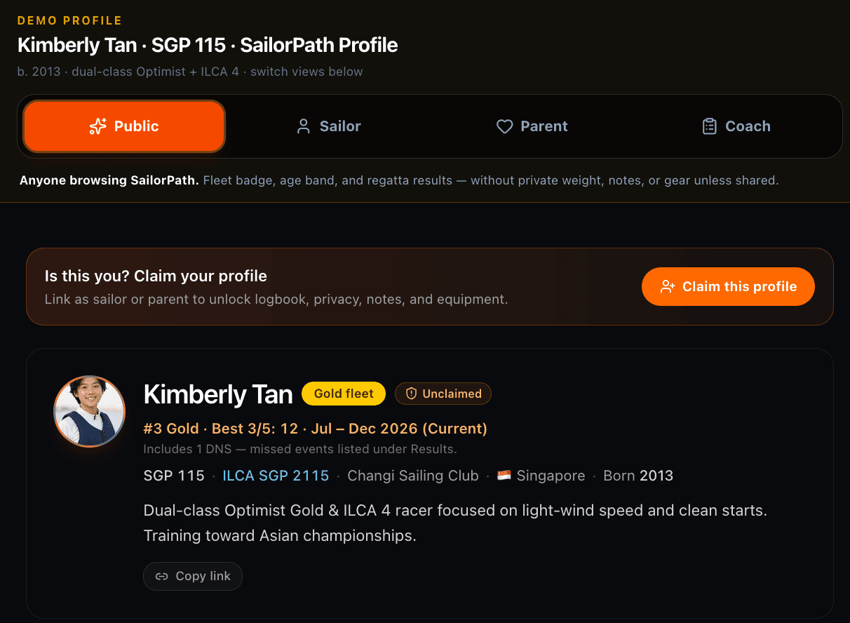 SailorPath demo profile showing Kimberly Tan's public profile, fleet standing, class tabs, and claim action